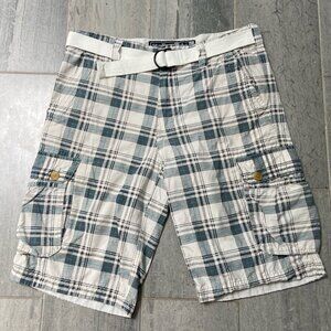 Wear First Flat Front Belted Cargo Shorts – Off‑White/Gray Plaid, Men’s Size 34